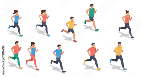 Diverse group of people running in isometric style on white background