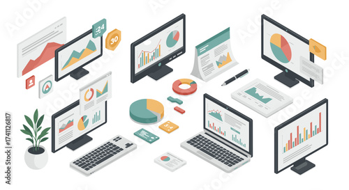 Isometric business analytics and data visualization on digital devices