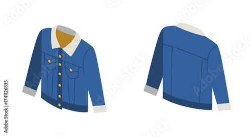Stylish blue denim jacket front and back view in isometric design