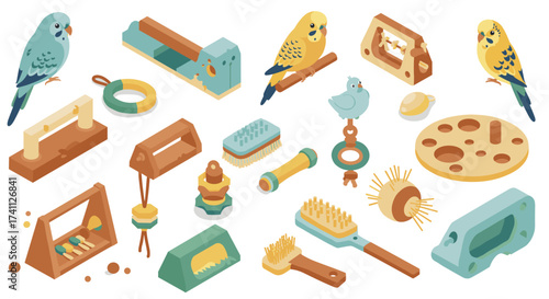 Isometric parrot toys and accessories set featuring budgies in soft colors