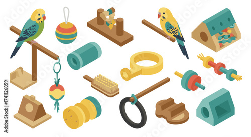 Isometric parrot care items with toys and accessories for home aviary setup