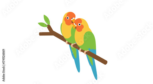 Colorful flat parrots on branch in minimalist design