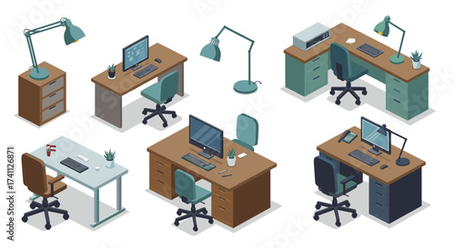 Modern office desk setups in isometric design with computers and accessories
