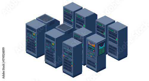 Isometric data center servers with digital screens and cooling systems