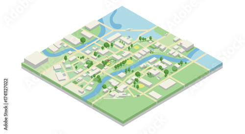 Isometric urban cityscape with green spaces and waterways