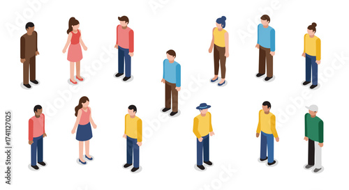 Diverse group of isometric people in casual clothing on white background