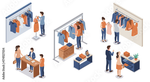 Isometric fashion boutique shopping scenes with customers and sales staff interacting with clothing racks