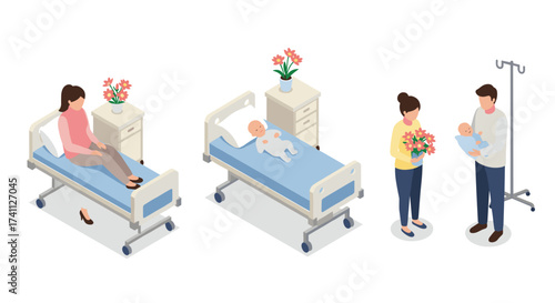 Isometric hospital scene: patients and family with newborn in medical setting