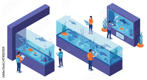 Isometric aquarium exhibit with visitors observing marine life