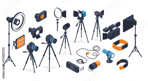 Professional camera equipment collection in isometric style for photography and filmmaking projects