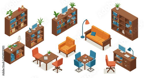 Modern isometric office and home furniture set with shelves sofas and desks