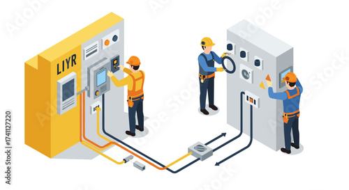 Workers operating control panels and equipment in an isometric industrial setting