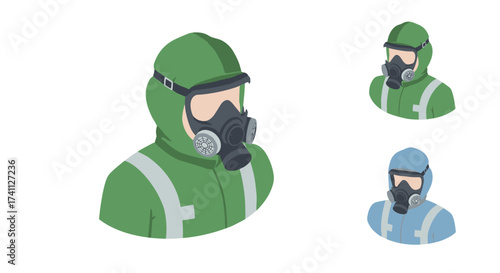 Isometric people in protective gas masks and suits in green and blue tones