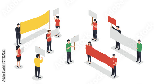 Isometric protest scene with people holding signs and banners