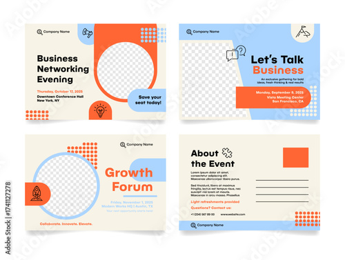 Invitation card templates for a networking event and development forum with detailed event information and a unique design