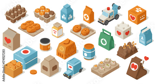 Isometric food delivery and packaging icons with cookies and vehicles