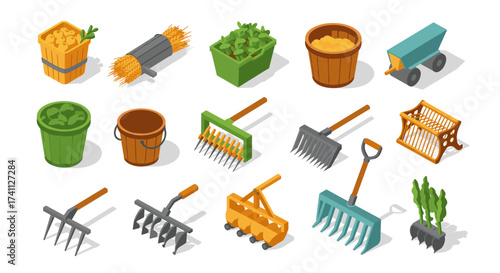 Isometric gardening tools and accessories set with various baskets and equipment