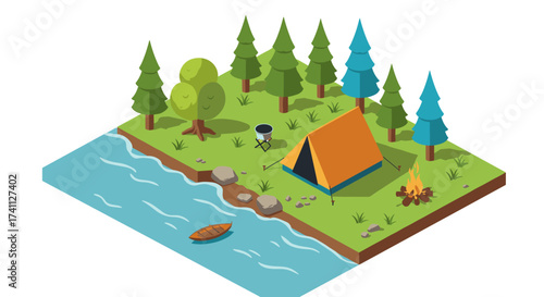 Isometric camping scene with tent and canoe by a forest riverbank