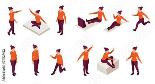 Isometric young woman in various action poses