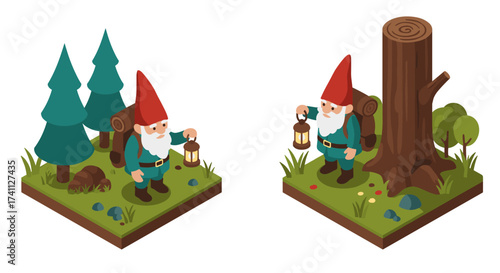 Isometric gnome adventures in forest setting with lantern and backpack