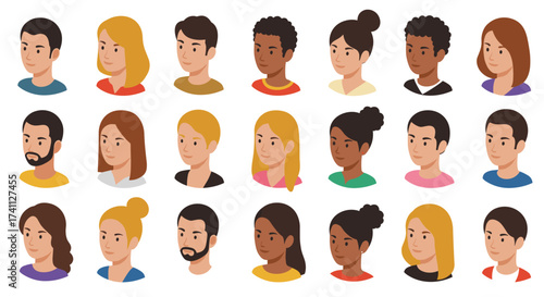 Diverse set of cartoon style profile portraits featuring people with various hairstyles