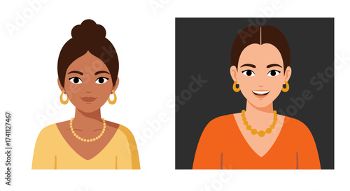 Flat style portraits of diverse women smiling in colorful attire