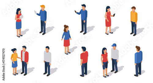 Diverse isometric people interacting in social and business settings