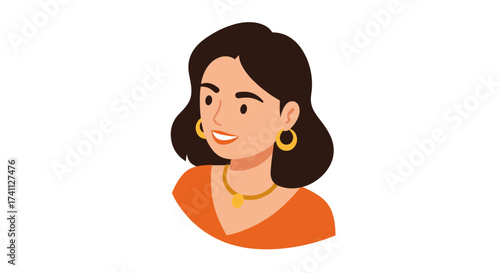 Smiling woman with earrings and necklace in flat style portrait