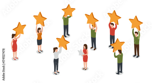 Isometric team collaboration with stars symbolizing achievement and recognition