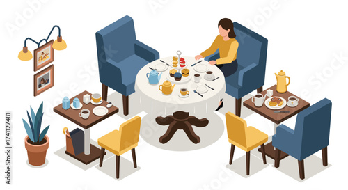 Cozy isometric café scene with person enjoying tea and pastries