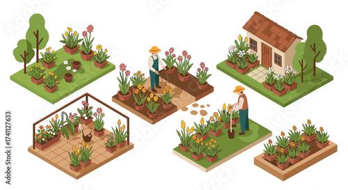 Isometric garden scenes with people planting and maintaining flower beds