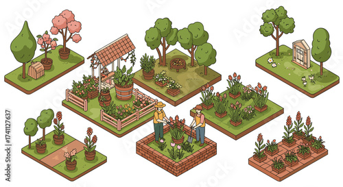 Isometric garden design with people planting and floral arrangements