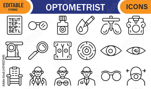Editable stroke optometrist vector set – ophthalmology and clinic icon illustrations.