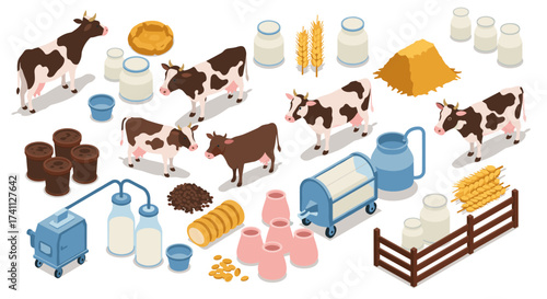 Isometric dairy farm elements with cows, milk, and farming equipment