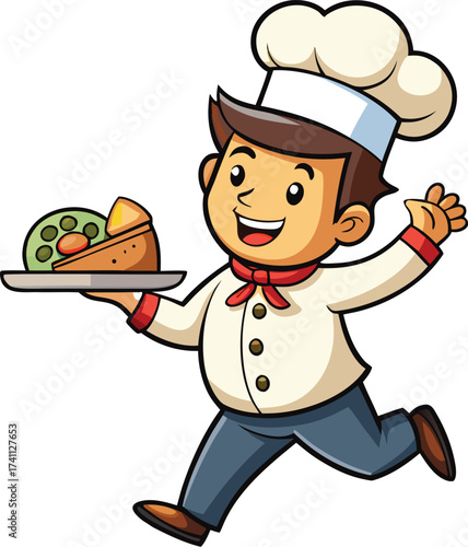 Cartoon Chef Carrying Tray with Food