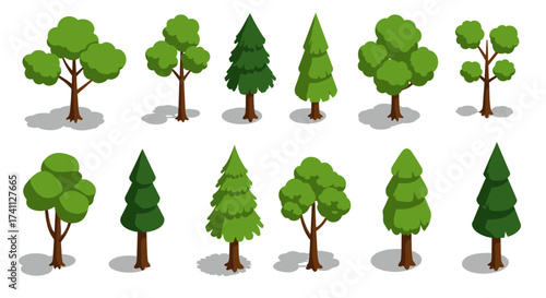 Isometric collection of diverse cartoon trees with shadows for game design