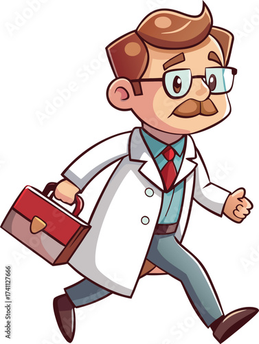 Cartoon Man in Lab Coat Walking with Briefcase