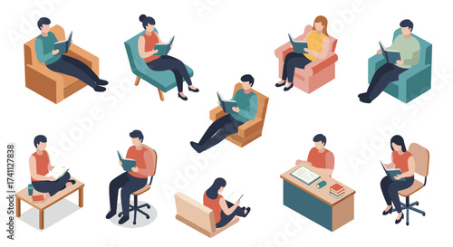 Isometric people reading books in various cozy settings