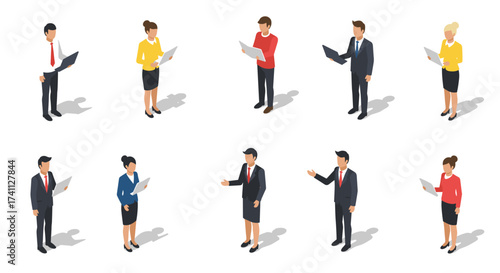 Isometric business people engaged in various office activities on white background