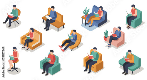 Isometric people reading books on various seats with plants and accessories