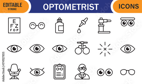 Editable stroke optometrist vector set – ophthalmology and clinic icon illustrations.