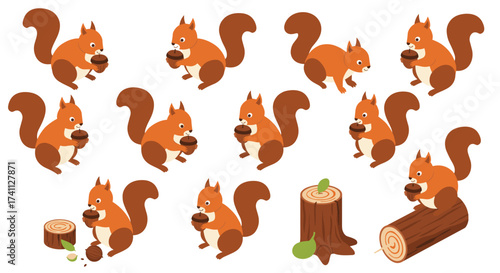 Playful squirrel characters with acorns and tree stumps in a cute cartoon style