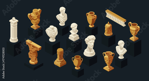 Isometric ancient sculptures and columns on black pedestals