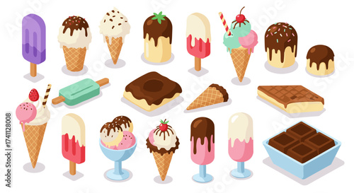 Colorful assorted ice cream and popsicles isometric set with toppings