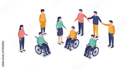 Inclusive community gathering with people in wheelchairs and supportive friends in isometric style