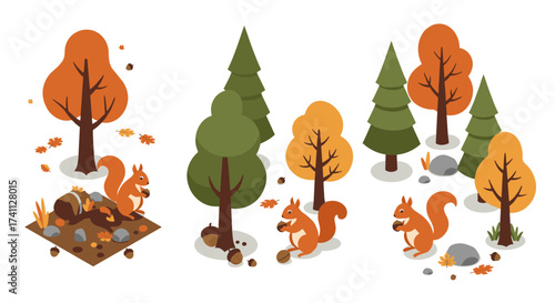Isometric autumn forest scene with squirrels and trees in fall colors