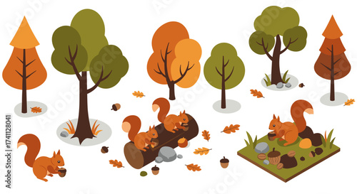 Isometric autumn scene with squirrels and trees collecting acorns