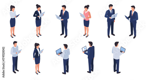 Isometric business professionals collaborating with technology devices