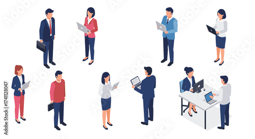 Isometric office professionals engaged in teamwork and technology