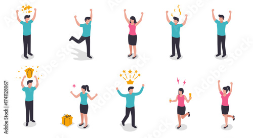 Isometric people celebrating success with gifts and awards